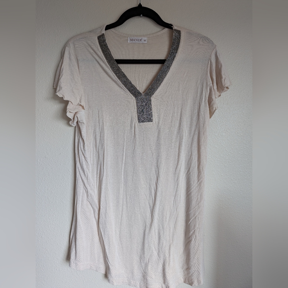 Maner Cream Embellished V-Neck Women's Tunic Size M